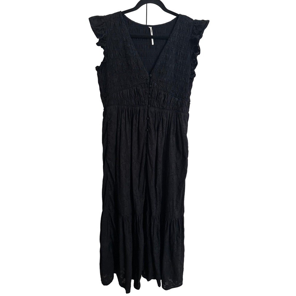 Anthropologie Black Smocked Cotton Modal Tiered Ruffle Button-Front Midi Dress M